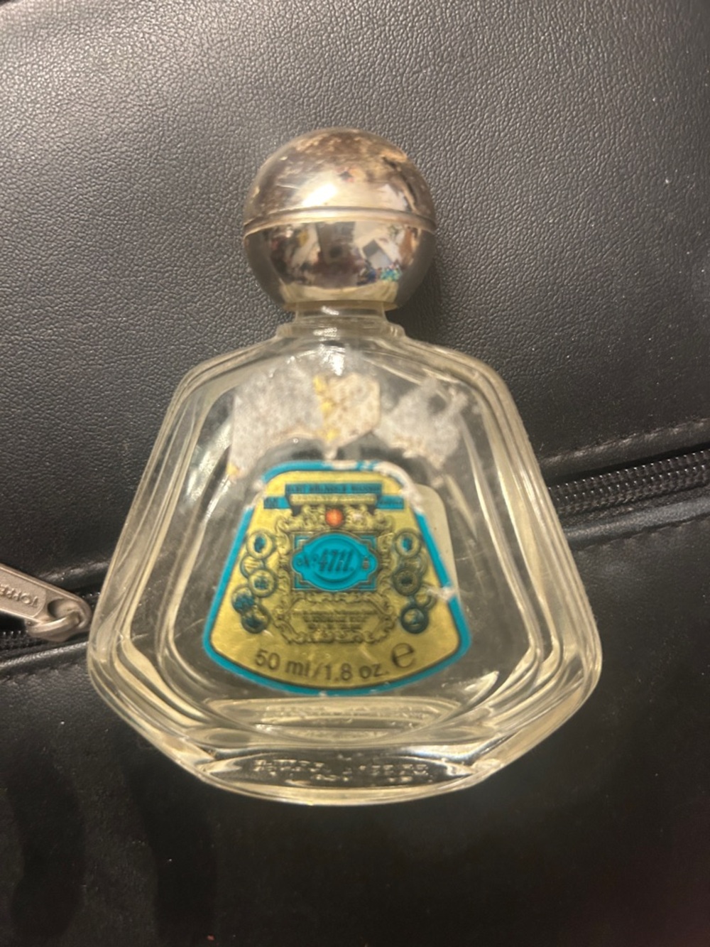 Vintage Clear Glass German cologne  with Turquoise & Gold Label—- 3/4 full plus